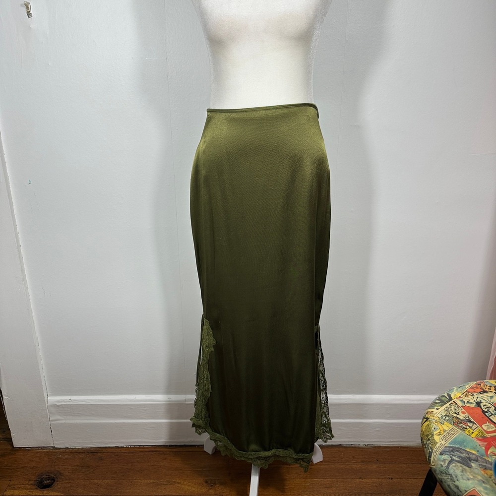 Midi Skirt Womens M Olive Green Fair Lace Trim Side Slits Satin